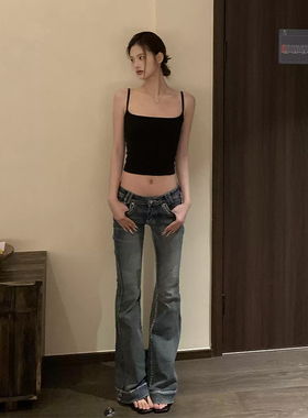 E7Q8 美式低腰美少女经典显瘦浅蓝色喇叭修身牛仔裤水洗休闲长裤