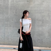 t恤女修身 E7Q8 韩系斜肩基础显瘦短袖 不规则休闲百搭性感纯欲上衣