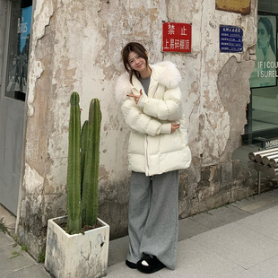 E7Q8 韩系大款保暖白鸭绒百搭毛领羽绒服外套女中长款休闲大外套