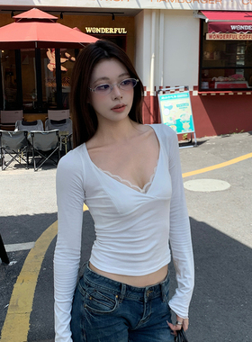 E7Q8 纯纯欲动 白色低胸甜辣V领长袖t恤女显瘦修身上衣+蕾丝背心