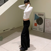 美式 低腰美少女经典 显瘦黑色水洗微喇阔腿牛仔裤 E7Q8 拖地休闲裤