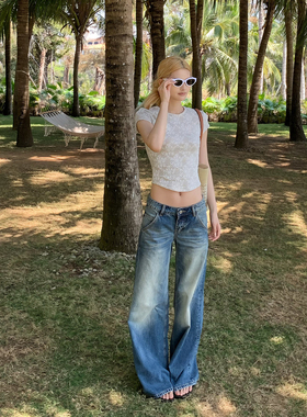 E7Q8 美式复古水洗做旧微弹牛仔裤女中腰直筒显瘦百搭休闲长裤子