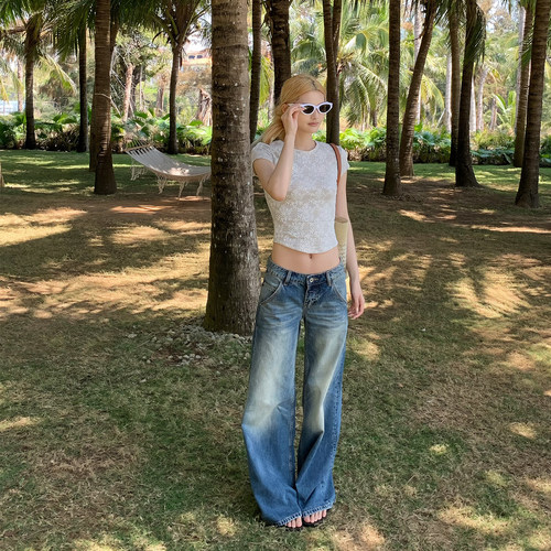 E7Q8 美式复古水洗做旧微弹牛仔裤女中腰直筒显瘦百搭休闲长裤子