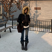 美式 菲奥娜短款 毛领连帽保暖厚款 E7Q8 棉服上衣修身 显瘦高级外套