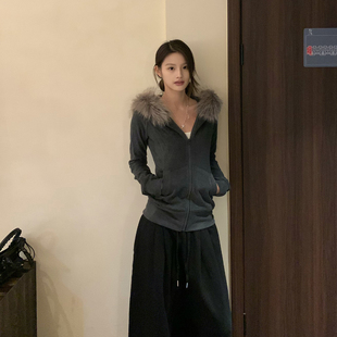 E7Q8 韩系纯欲毛领连帽拉链开衫外套女收腰显瘦百搭高级时尚上衣