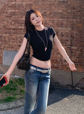 E7Q8 美式舒适百搭圆领修身短款显瘦收腰短袖t恤女夏季新款小上衣