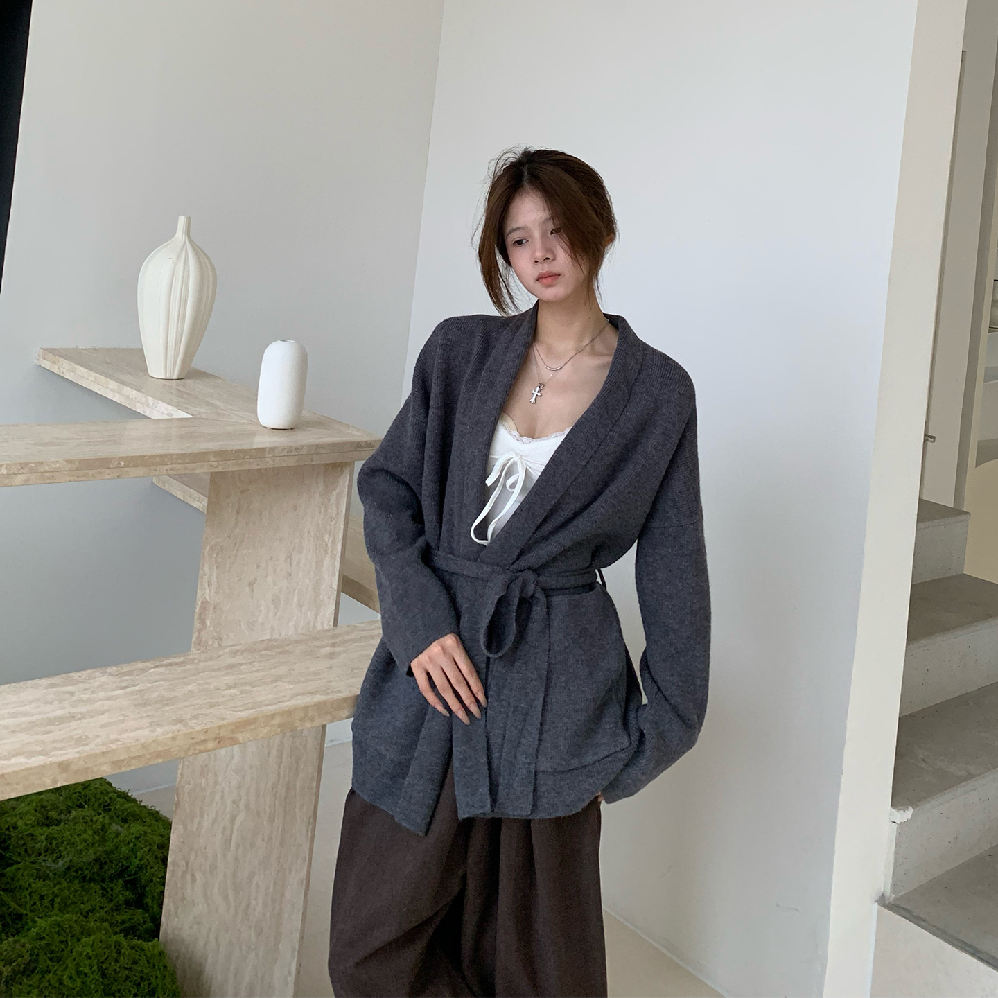 E7Q8 韩系气质系带慵懒开衫毛衣外套女宽松百搭V领慵懒针织长上衣