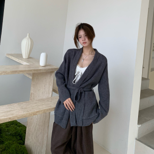 E7Q8 毛衣外套女宽松百搭V领慵懒针织长上衣 韩系气质系带慵懒开衫