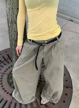 E7Q8 美式宽松阔腿褶皱休闲直筒长裤女水洗做旧阔腿休闲拖地裤子