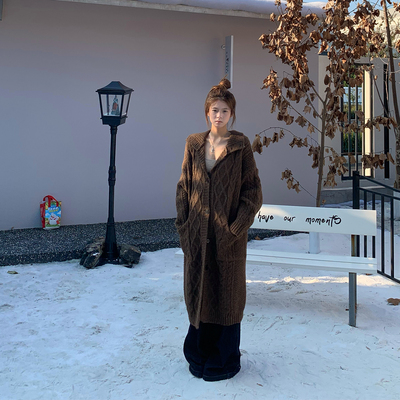 E7Q8 韩系系扣长款毛衣开衫外套女休闲百搭宽松慵懒简约针织大衣