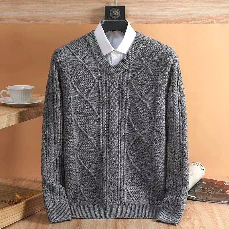 秋冬款加厚保暖套头大码男士毛衣V领毛线衣青中年外穿休闲针织衫
