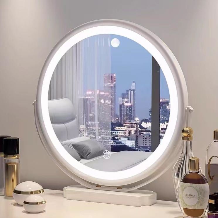 网红化妆镜台式桌面360度可旋转插电多功能智能镜子ins风带灯led