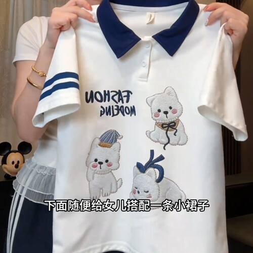 女童POLO领短袖夏装儿童撞色翻领半袖薄款卡通印花中大童T恤短袖