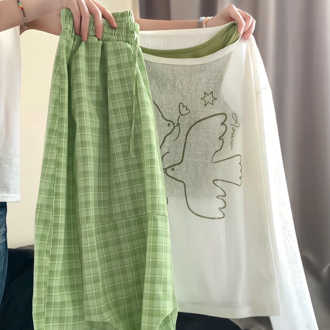 女童夏季防晒罩衫套装儿童中大童小清新小鸟绿色格子休闲裤三件套