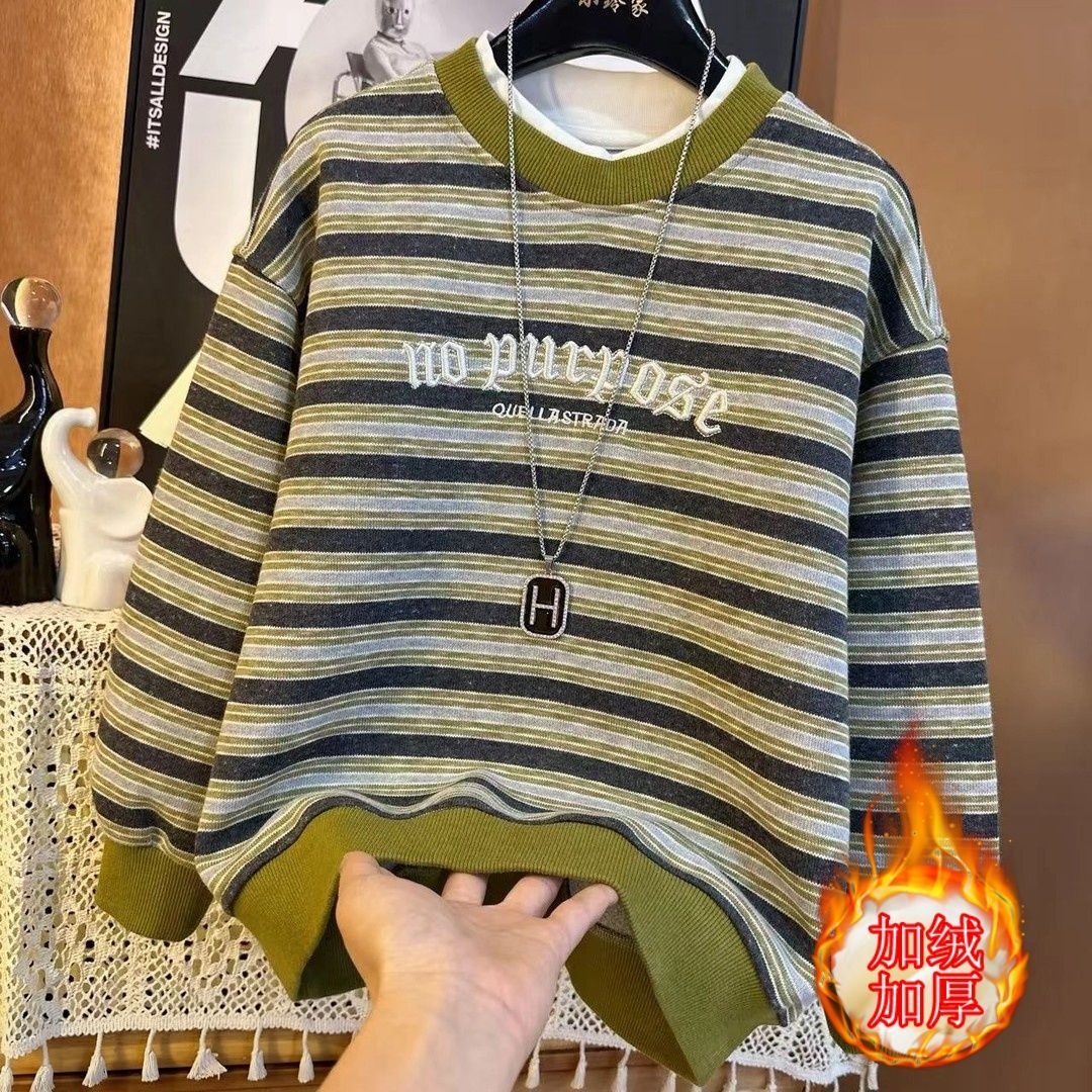 男童卫衣新款条纹撞色韩版儿童打底卫衣加绒男孩春秋长袖休闲上衣
