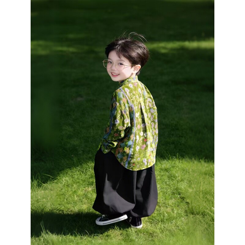 春秋新款2026儿童花衬衫新中式男童衬衫套装休闲国风洋气两件套潮