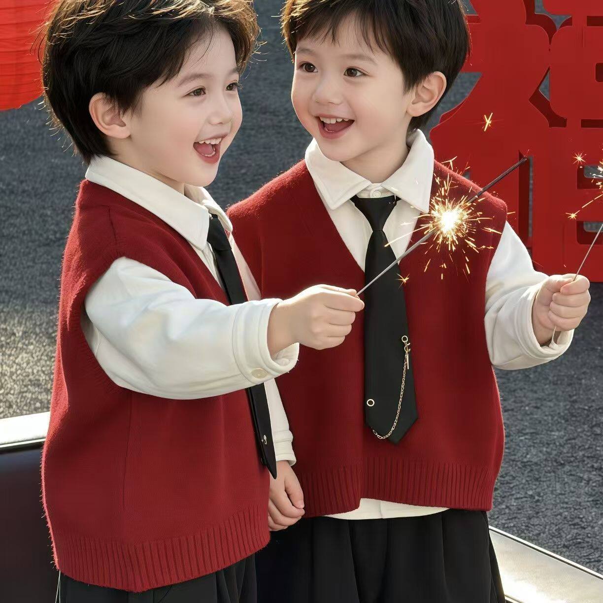 【叠穿核心】男童新年红马甲外穿冬季加绒衬衫新款v领宽松坎肩毛