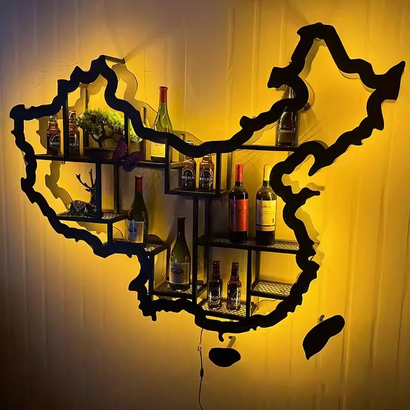 酒吧红酒柜墙上家用壁挂铁艺创意发光中国地图展示酒架置物书架柜