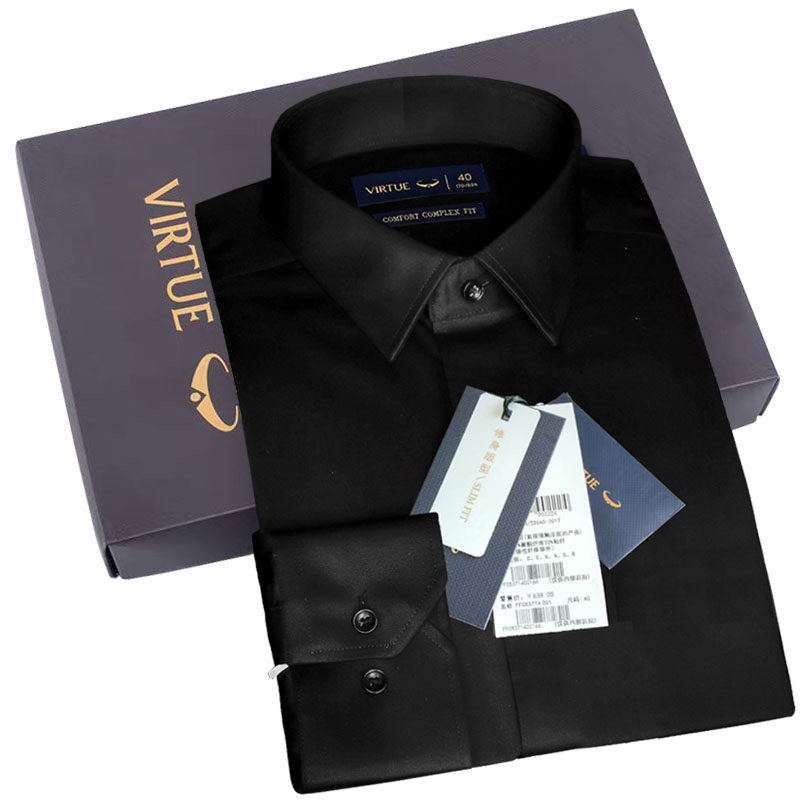 富绅秋季男长袖方领黑色修身衬衣