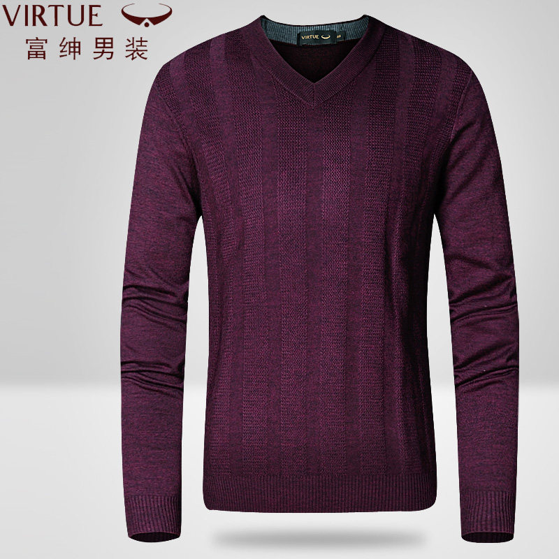 富绅秋冬新款纯色男士毛衣v领套头羊毛衫鸡心领羊毛针织衫男
