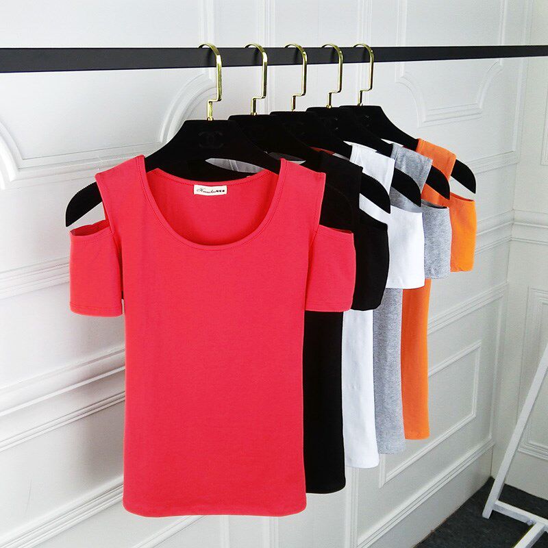 夏季韩版圆领纯色修身短袖t恤女上衣打底衫性感露肩纯棉黑色半袖在类目 女装/女士精品, T恤中 - 来自Buy2taobao.com提供专业的淘宝代购服务