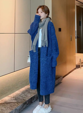 长款开衫外套女2025秋冬新款韩版宽松学生针织衫蓝色毛衣女外穿潮