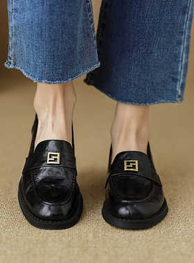 乐福鞋一脚蹬女英伦风真皮手工羊皮小皮鞋粗跟中口金属扣2024新