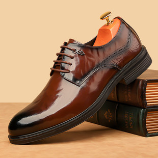皮鞋男2026春季新款商务德比鞋真皮软底正装鞋棕色尖头高级感婚鞋