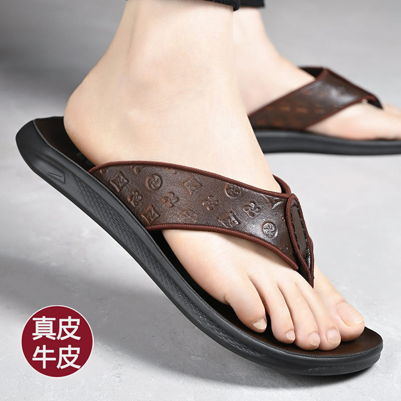 正品折扣皮鞋男人字拖鞋男夏季新款真皮个性沙滩鞋软底外出凉拖鞋