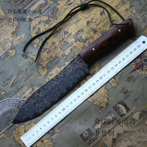 刃物作 钢罐大马士革冰裂纹夹钢大茄子刀 菜刀斩骨刀野营刀非管制