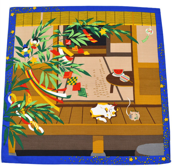 日本制 三毛猫みけ的梦日记小风吕敷 七月七夕 方巾挂画 满百包邮