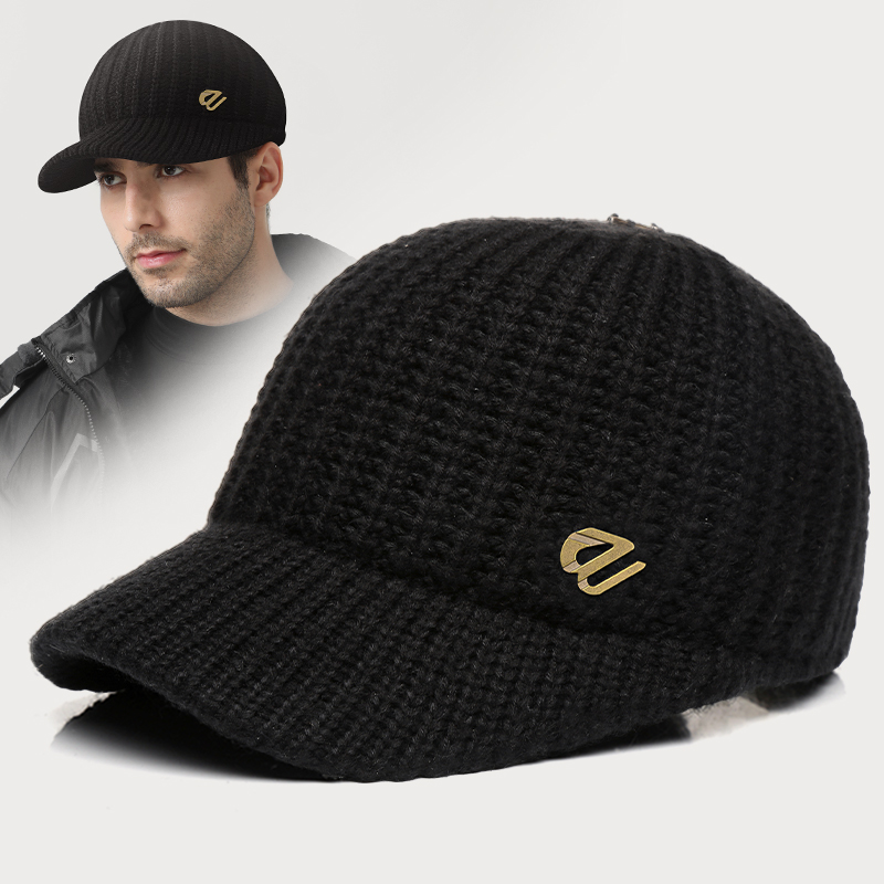 路瓦品牌冬季保暖毛线帽针织短帽檐休闲棒球帽中老年爸爸编织防寒