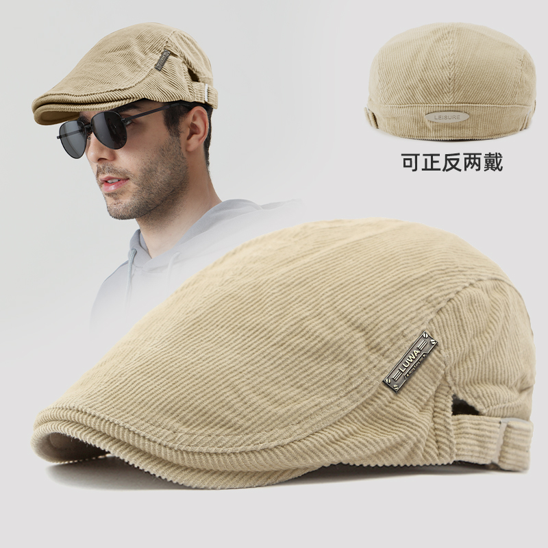 路瓦秋冬帽子男复古灯芯绒贝雷帽中老年爸爸户外钓鱼登山前进帽潮