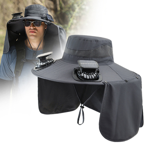 路瓦夏季大帽檐防晒遮阳护颈渔夫帽男带风扇太阳能充电户外钓鱼帽