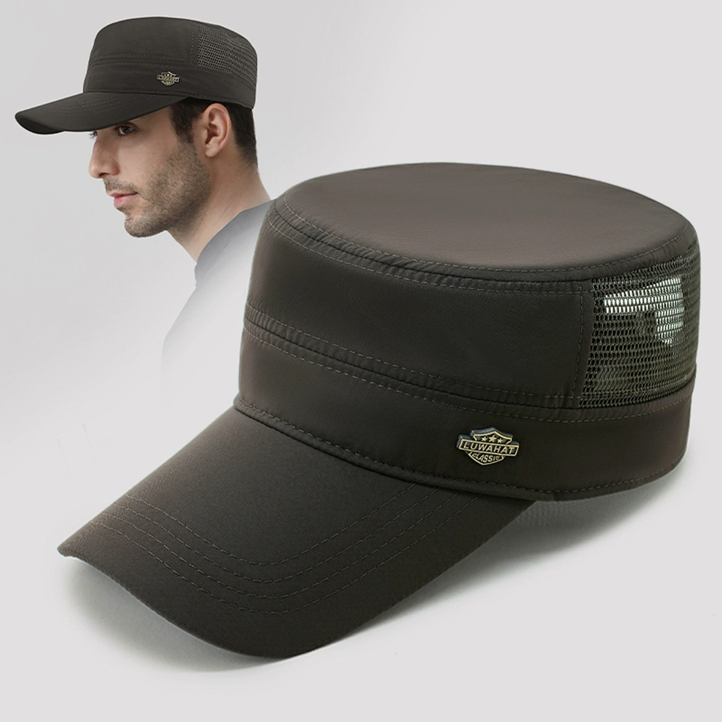 路瓦夏季长帽檐平顶帽男网眼透气速干防晒鸭舌帽大头围宽帽檐遮阳