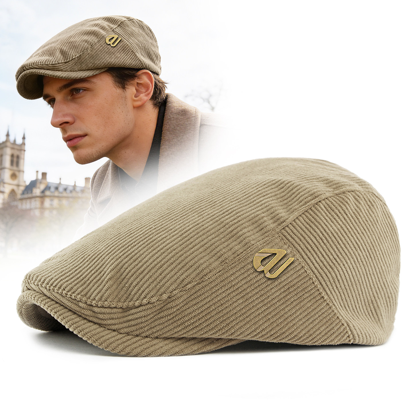 路瓦新款帽子男士春秋出游灯芯绒贝雷帽复古英伦全封口高级前进帽