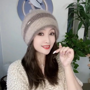 冬季 保暖拼色针织帽女 松鼠绒贝雷帽堆堆帽子包头护耳双层加厚韩版