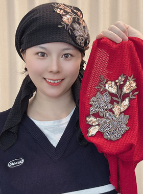冬季保暖飘带帽子女树叶花朵新款树叶百搭中老年妈妈遮白发包头帽