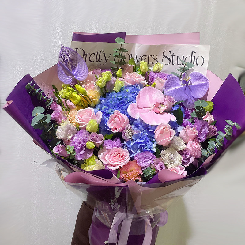 情人节鲜花北京同城生日创意混搭花束玫瑰花绣球蝴蝶兰送领导妈妈