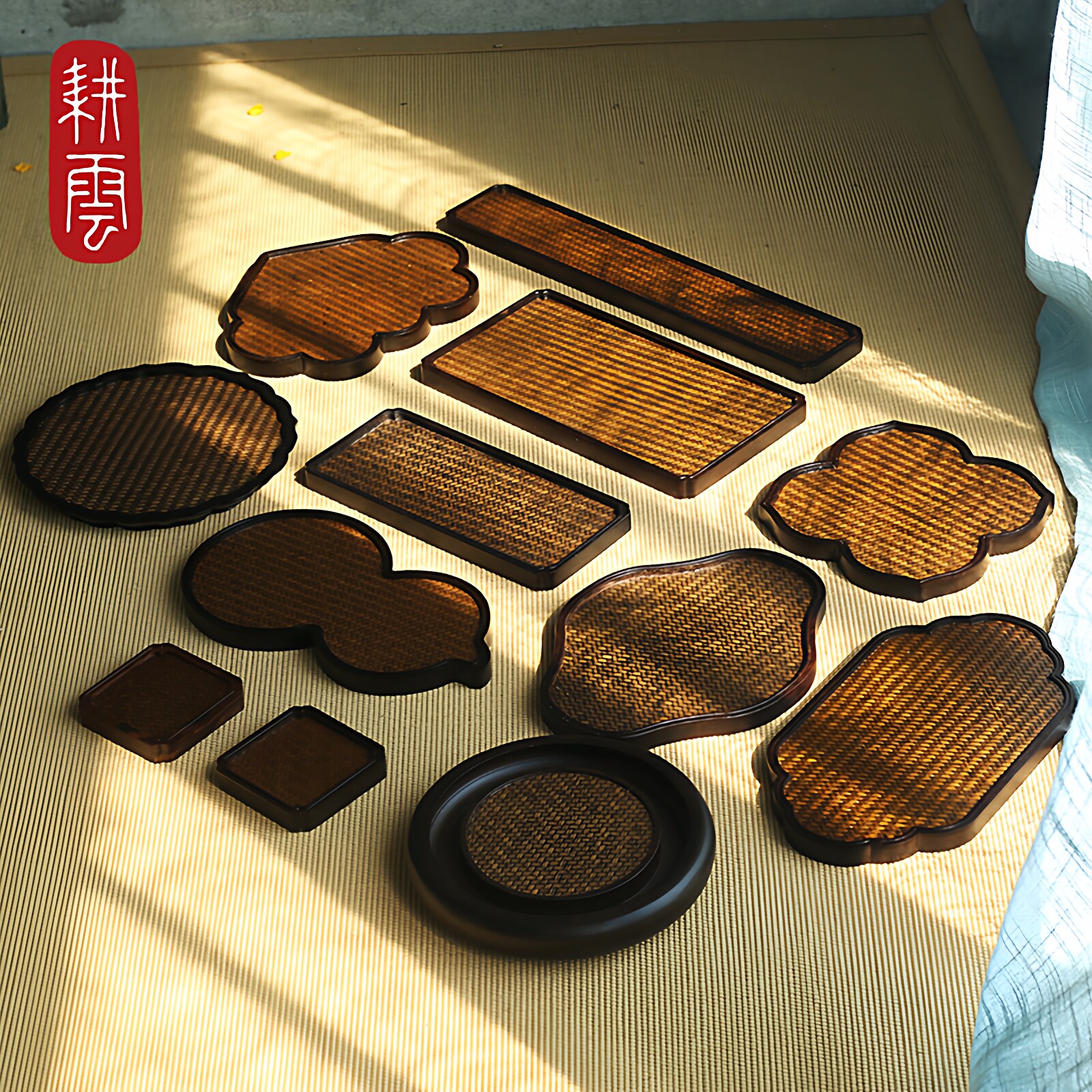 新品茶盘重竹席面托盘方形圆形图片