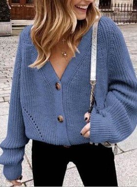 2020 sweater cardigan solid color knitted button coat women