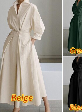Long maxi Dresses Vintage lapel swing cotton linen dress女裙