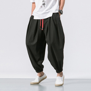 Japanese Casual Cotton Men Baggy Pants Linen Trouser Harem