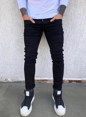 Men autumn black white jeans slim trousers hole men's pants