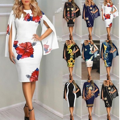 春夏V领开叉长袖气质连衣裙女