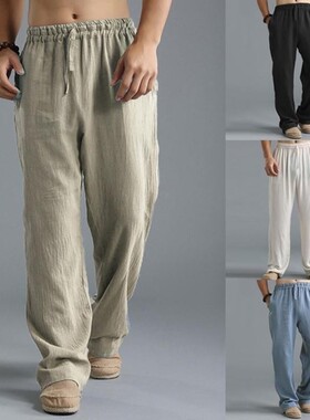 Cotton Linen Loose Trousers Men Summer Cargo Pants Oversize