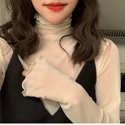 Solid color mesh turtleneck with long sleeves纯色网纱内搭T恤