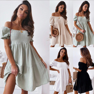 2025 summer short-sleeved solid color off shoulder dress