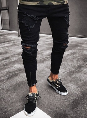 men casual holes denim trouser male pants black ripped jeans