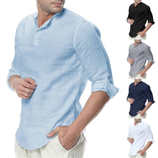 Men's long sleeve T shirts fashion linen tops for man男士T恤